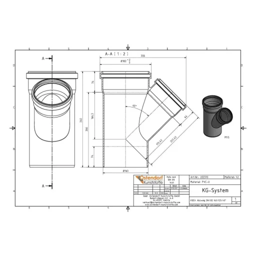 45 Degree Sewer Branch DN 160/125 - Durable PVC Drainage Pipe Fitting
