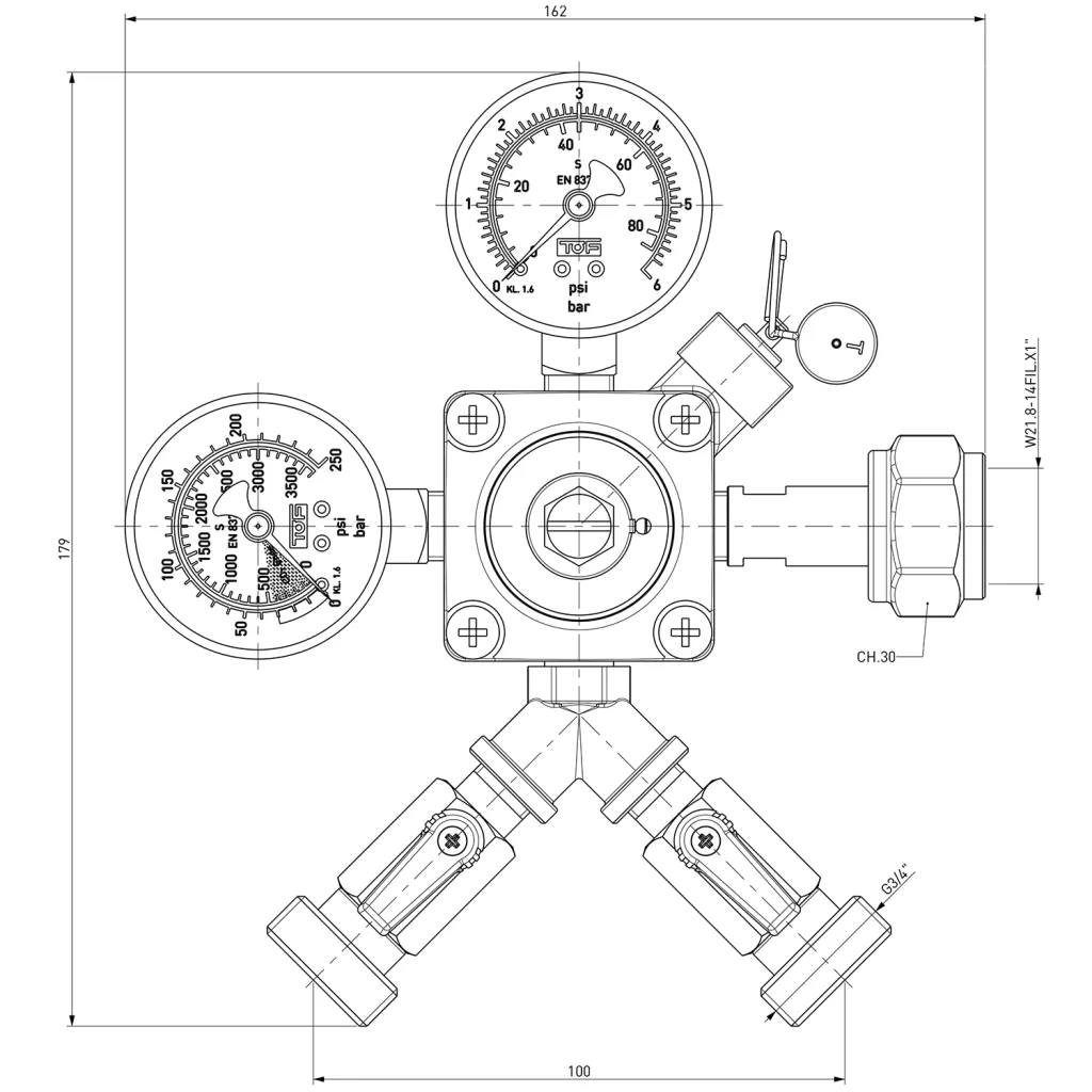 Pressure reducer, pressure regulator CO2 for beer tap system, 3 bar, 2-line