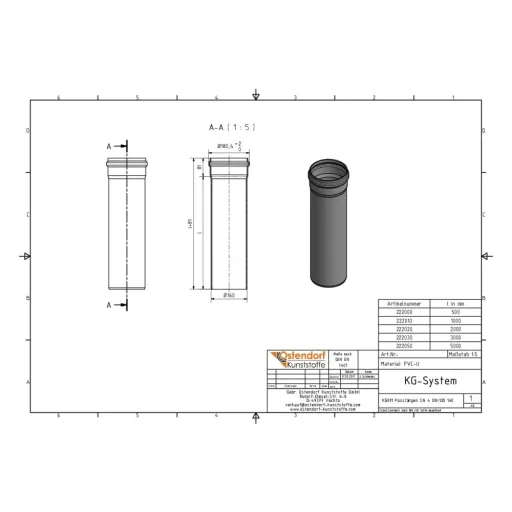 Sewer Pipe 160 x 1000 mm, DN/OD, SN 4, Drain Pipe, PVC Pipe