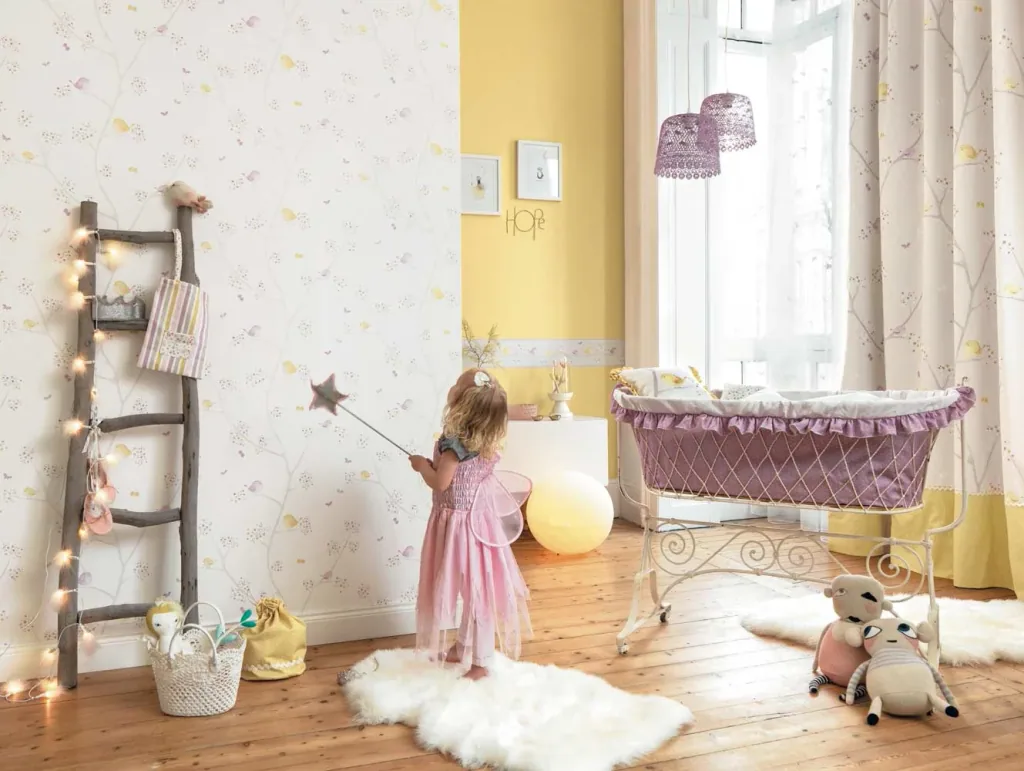 Casadeco My Little World fabric Birds Lila gray lime