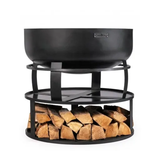 Round Fire Pit Base 102cm with Wood Storage, Steel Fire Ring