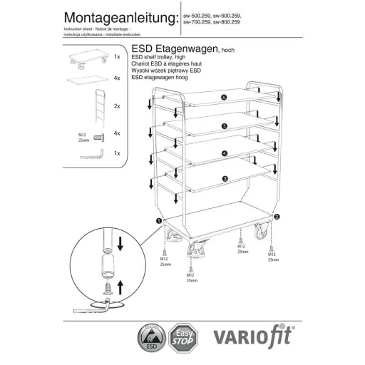ESD Workbench Trolley with 5 Shelves & EasySTOP