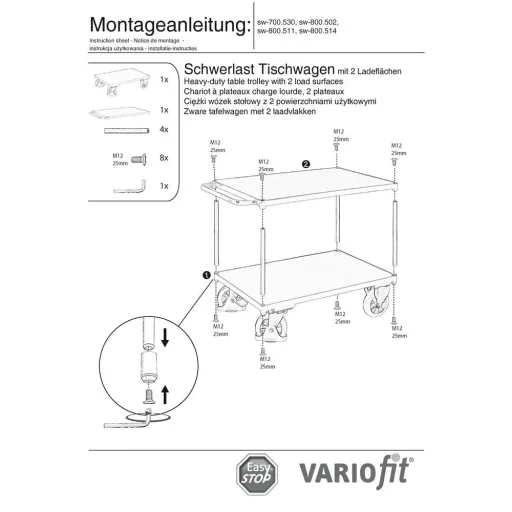 1000 kg Heavy Duty Table Cart with 2 Shelves, Robust Steel Workshop Trolley
