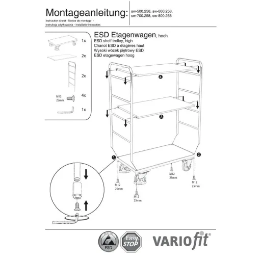 High ESD Shelf Trolley with 3 Shelves Type S + EasySTOP