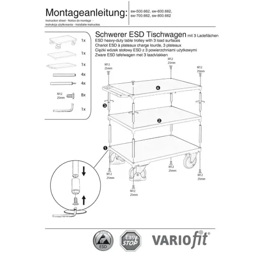 Heavy-duty ESD table cart with 3 loading surfaces Type M + EasySTOP