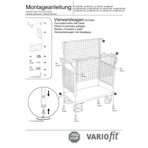 4-Sided Wire Mesh Rolling Cart - 400 kg Capacity with EasySTOP