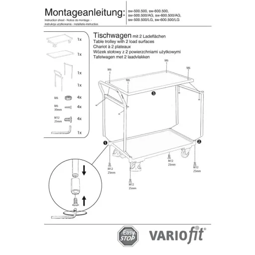 Table Cart 250 kg with 2 Loading Surfaces High Push Handle Type L + EasySTOP