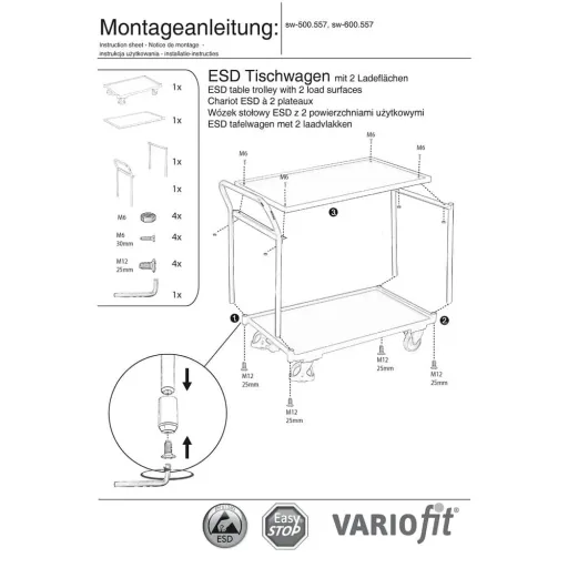 ESD Workbench Cart with 2 Shelves, EasySTOP, 250kg Capacity