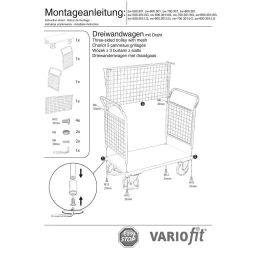 Wire Mesh Three-Sided Cart 400 kg Type S + EasySTOP