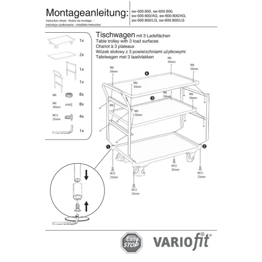 Table cart 250 kg with 3 loading surfaces high push handle Type L + EasySTOP