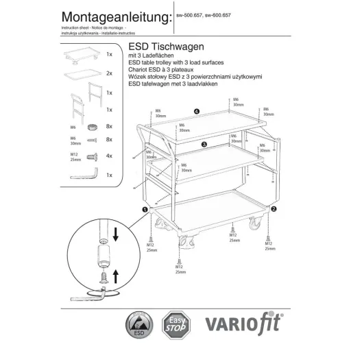 ESD Workbench Cart with 3 Shelves & EasySTOP System