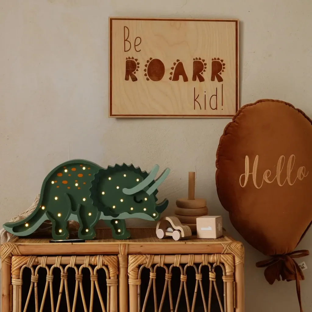 Little Lights Children's Night Light, Triceratops Dinosaur Night Lamp - 100% Natural Pine Wood, Color: Military Green