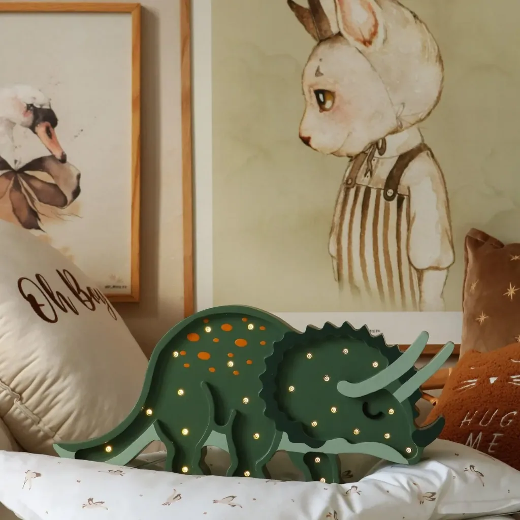 Little Lights Children's Night Light, Triceratops Dinosaur Night Lamp - 100% Natural Pine Wood, Color: Military Green