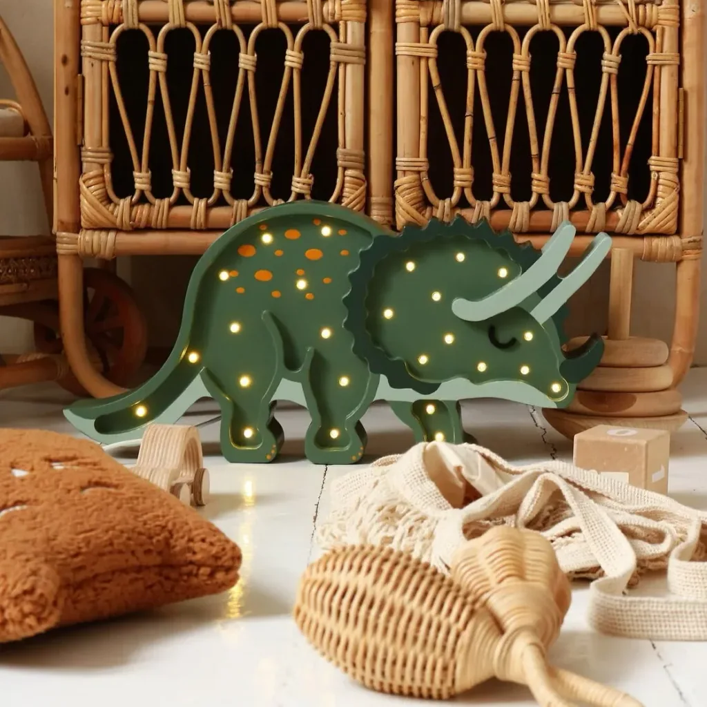 Little Lights Children's Night Light, Triceratops Dinosaur Night Lamp - 100% Natural Pine Wood, Color: Military Green