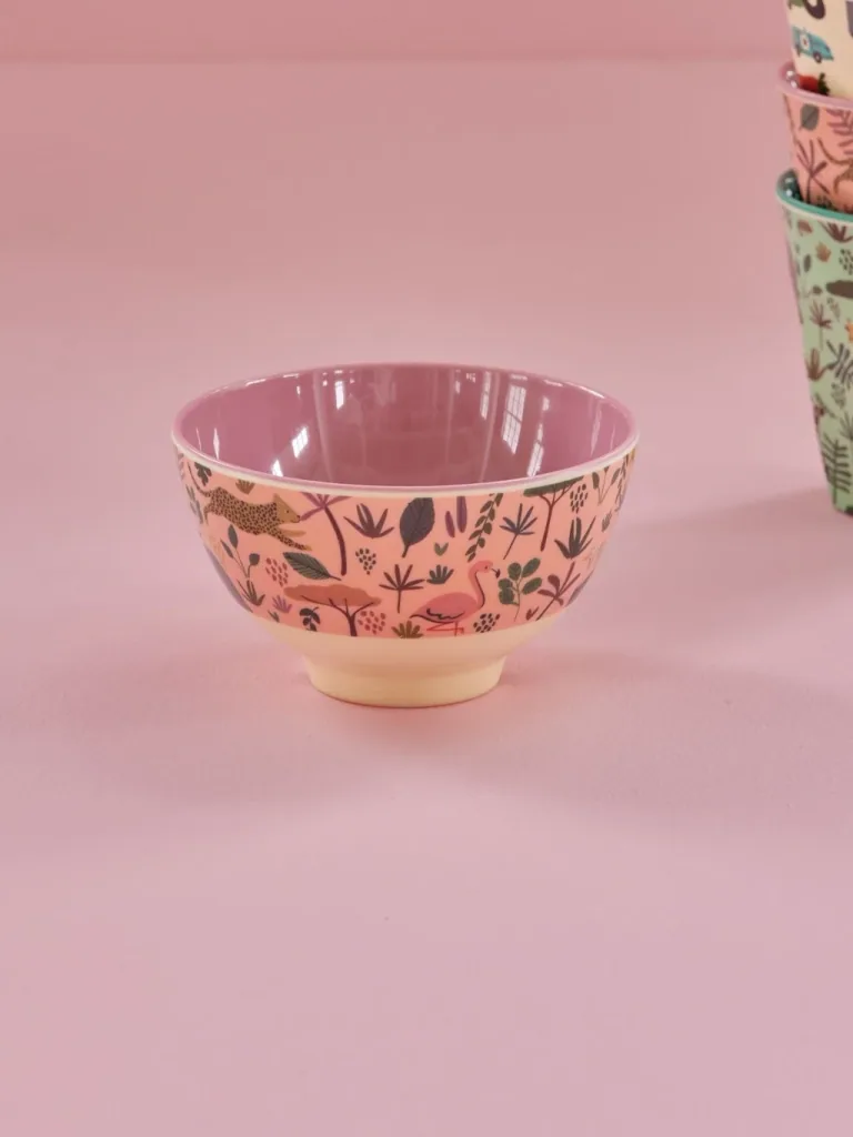 RICE bowl and plate set, melamine, 21 cm diameter, colour Coral, with all-over jungle animals print