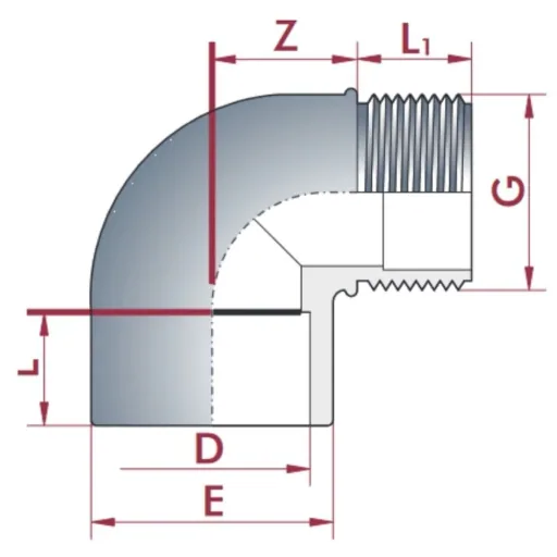 50mm PVC Elbow, 90 Degree, Socket x Male Thread, 10 bar