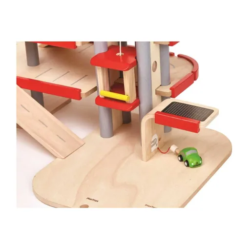 Plan Toys parking garage electricity filling station wood