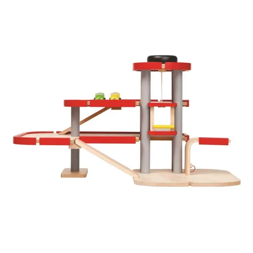Plan Toys parking garage electricity filling station wood