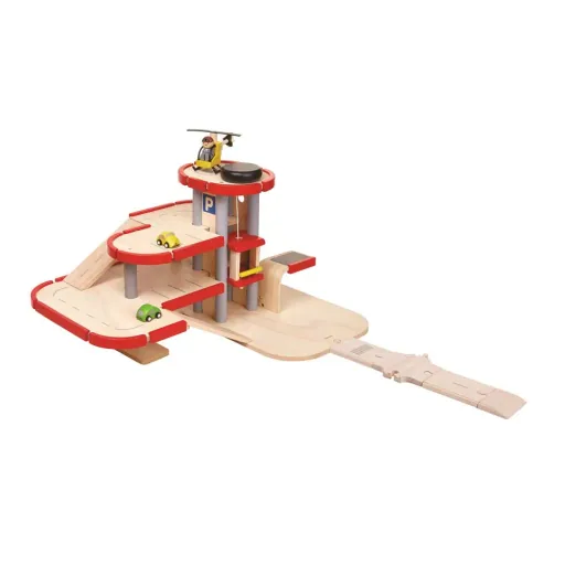 Plan Toys parking garage electricity filling station wood