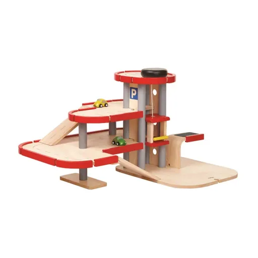 Plan Toys parking garage electricity filling station wood