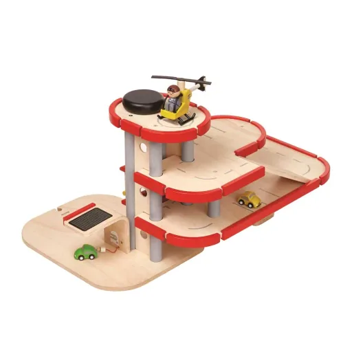 Plan Toys parking garage electricity filling station wood