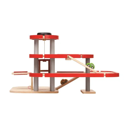 Plan Toys parking garage electricity filling station wood