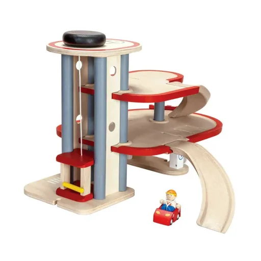 Plan Toys parking garage electricity filling station wood