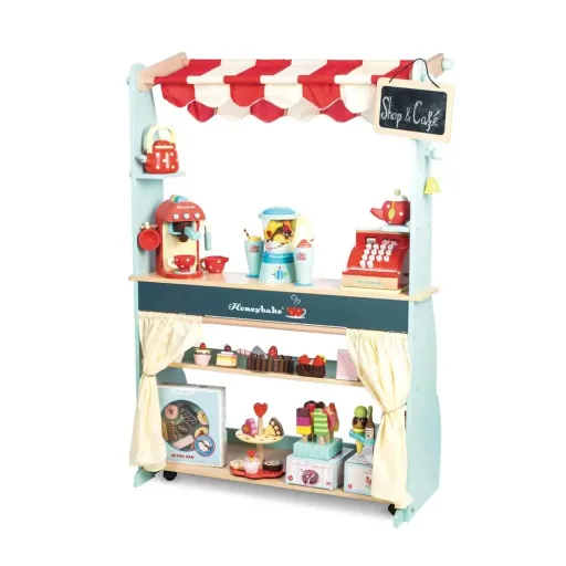 Le Toy van sales stand and Café Honeybake