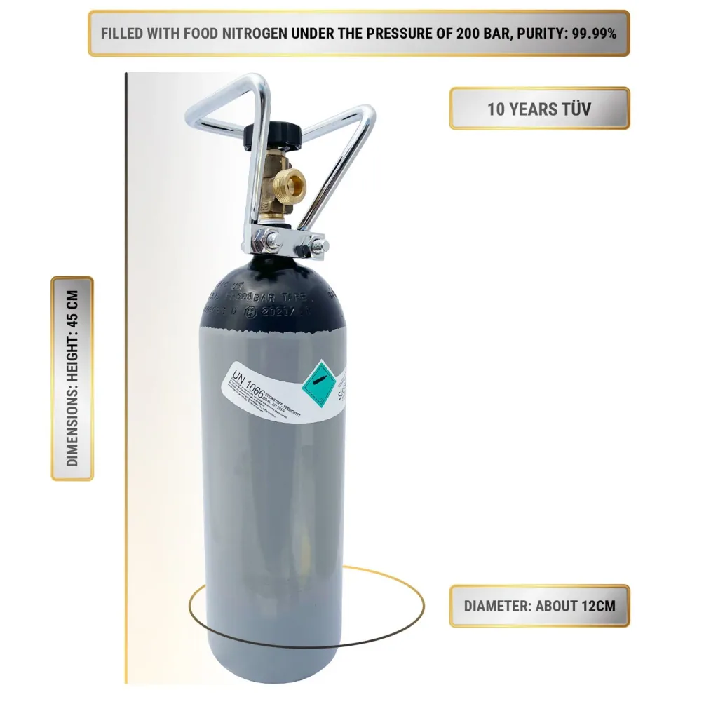 Nitrogen bottle, nitrogen gas cylinder (N2), 2 L, with bottle cage