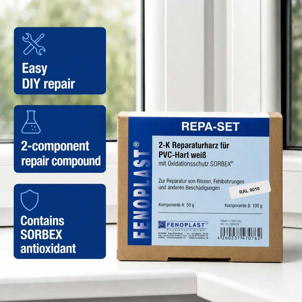 Window repair kit, plastic window repair, RAL 9010 repair, 2K repair resin, white window frame paint