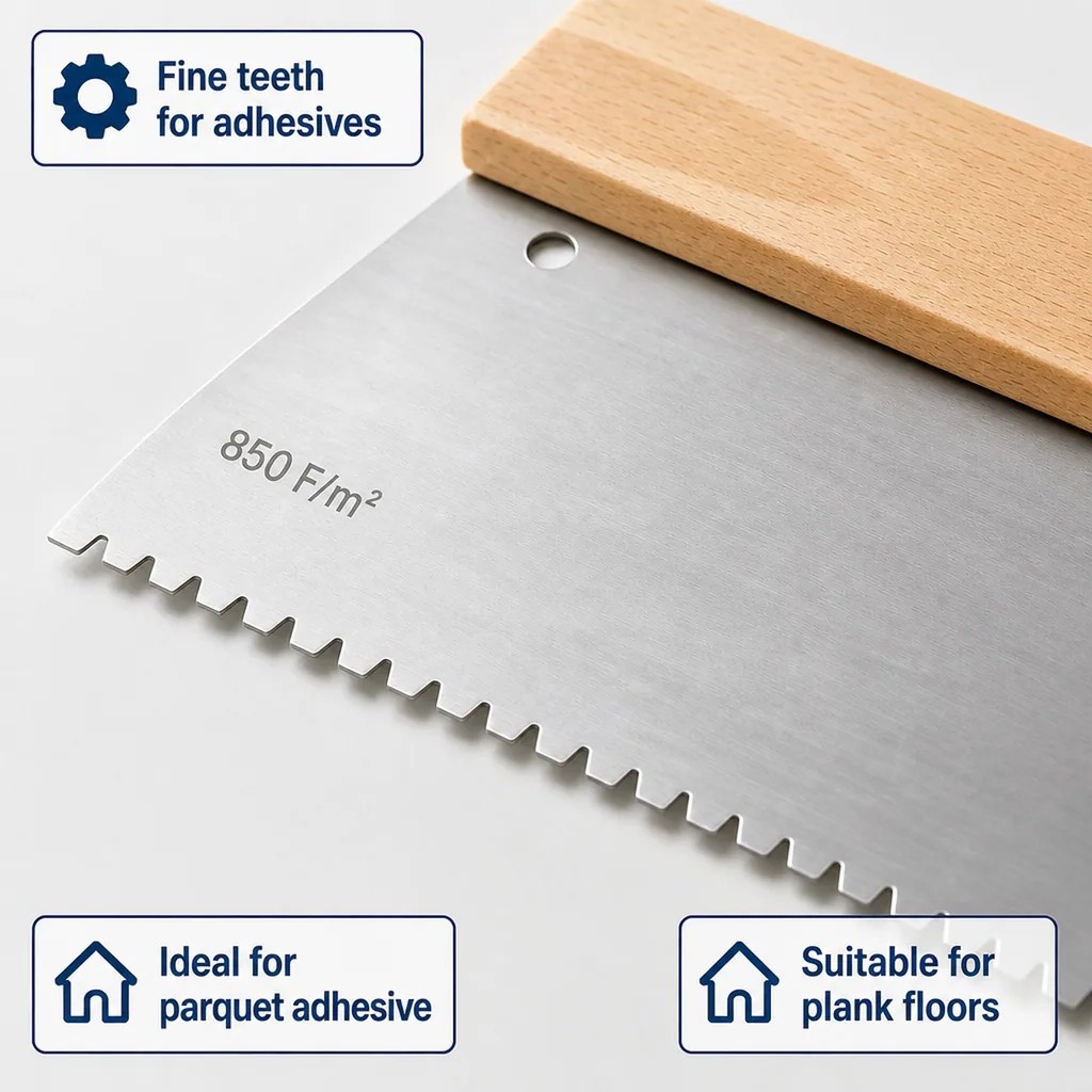 Notched Trowel, 850 F/m², B3 Fine, 180 mm/150 mm, Flooring Trowel
