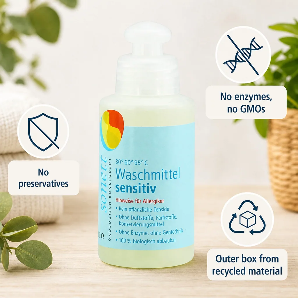 Sensitive laundry detergent, liquid, 120 ml trial size, gentle laundry detergent