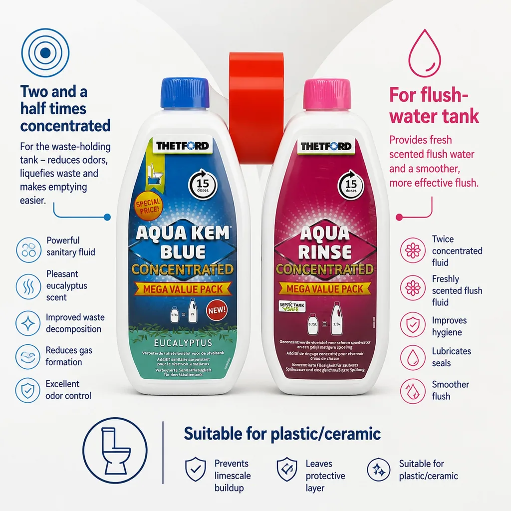 RV Toilet Chemicals, Portable Toilet Chemicals, RV Waste Treatment, 0.78 Liter Aqua Kem Blue Eucalyptus & 0.75 Liter Aqua Rinse Duopack