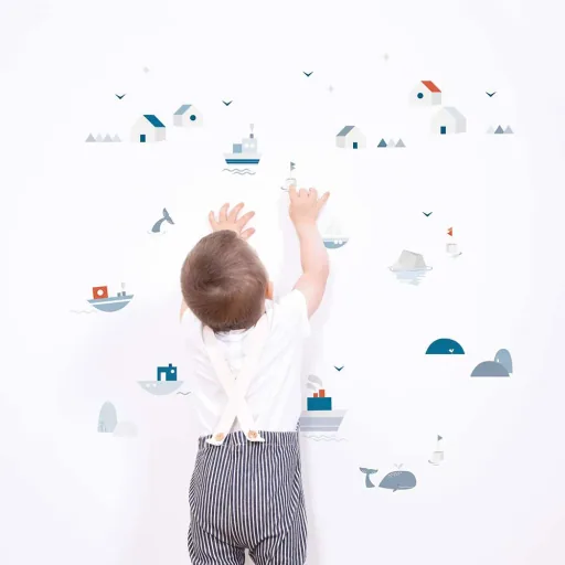 Lilipinso A3 wall sticker ships houses and whales gray blue red