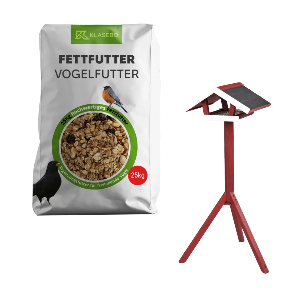 Set Bird Feed Complete 25kg – Premium Wild Bird Feed 25kg, Standing Bird Feed House with Stand made of Wood red/white 1 Pc.