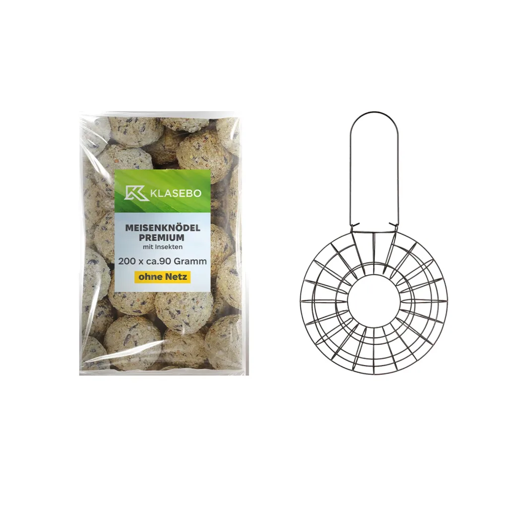 Set Bird Food Tit Dumplings - Hanging Metal Bird Feeder Ø 24 x 8 cm for 8 Dumplings, Insect-Mealworm-Dumplings 200 Pcs à 90 g