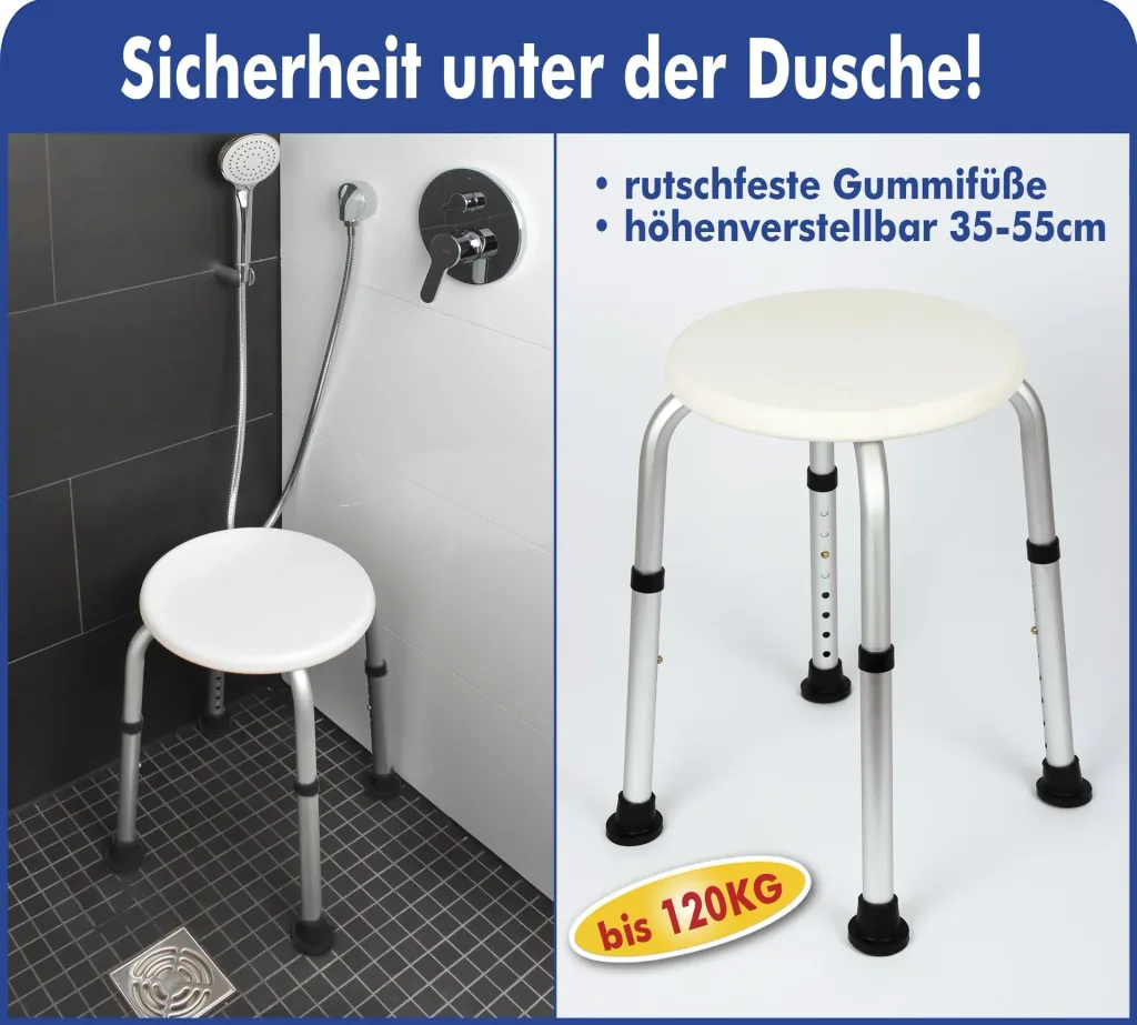 Shower stool, height-adjustable, white/silver