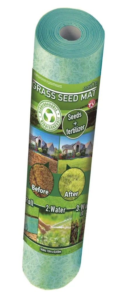 Grass seed mat with seeds and fertilizer