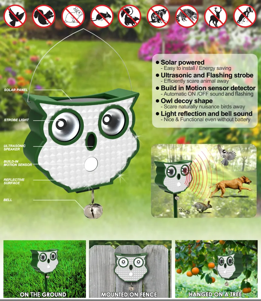 Solar-powered ultrasonic animal deterrent "Owl"