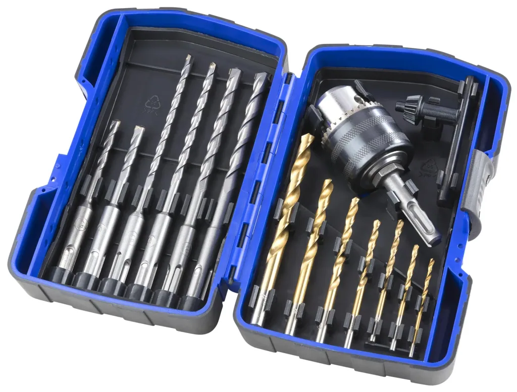 Round shank & SDS drill set including drill chuck 15-piece