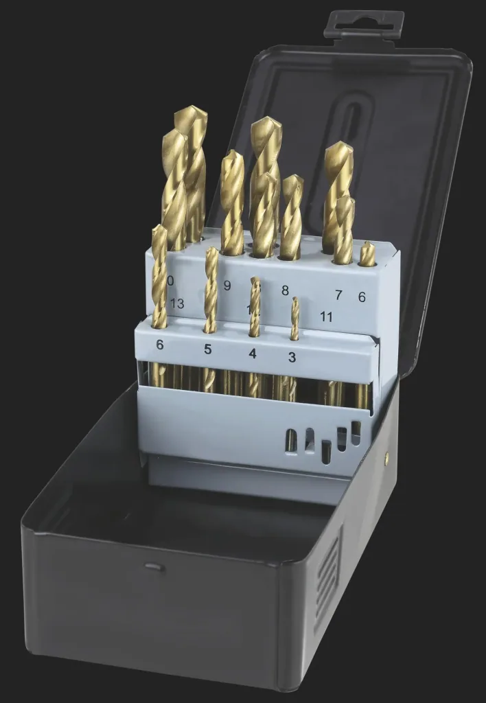 HSS twist drill set, titanium coated, 13 pieces