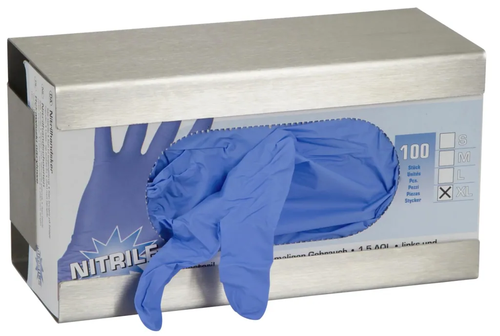 Wall holder for disposable gloves made of stainless steel, with spring