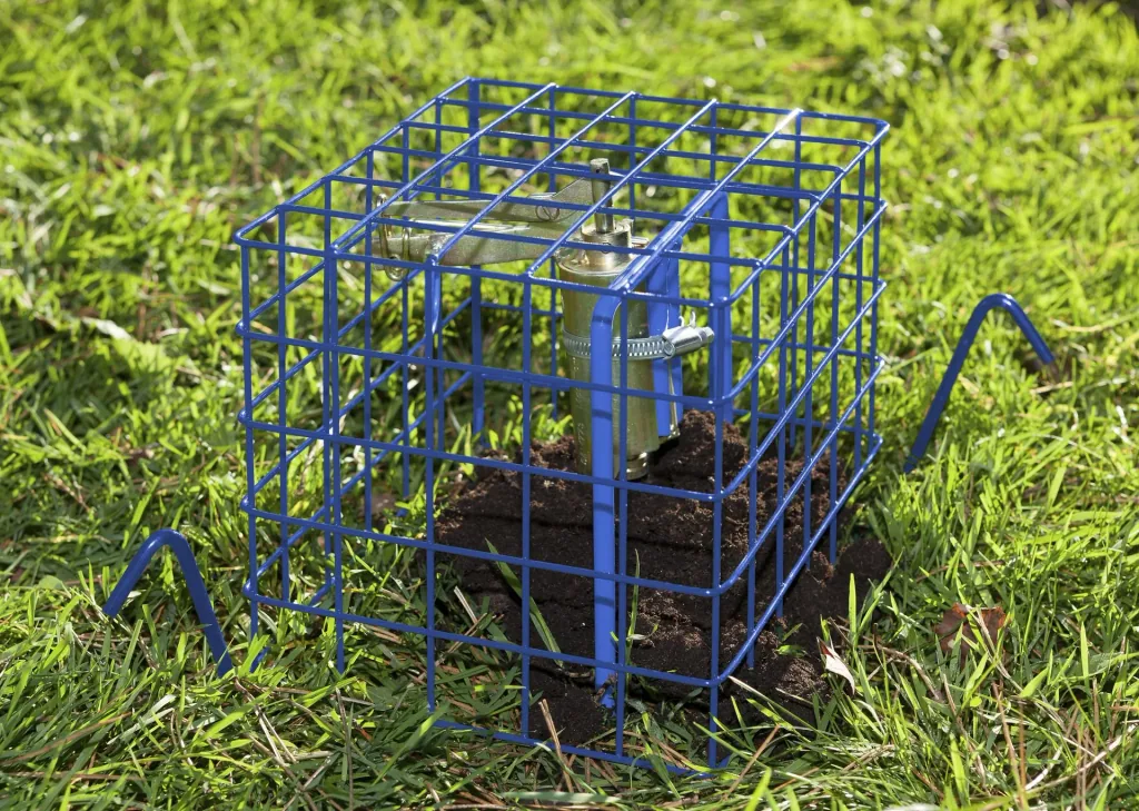 Protective cage for vole self-shooting device