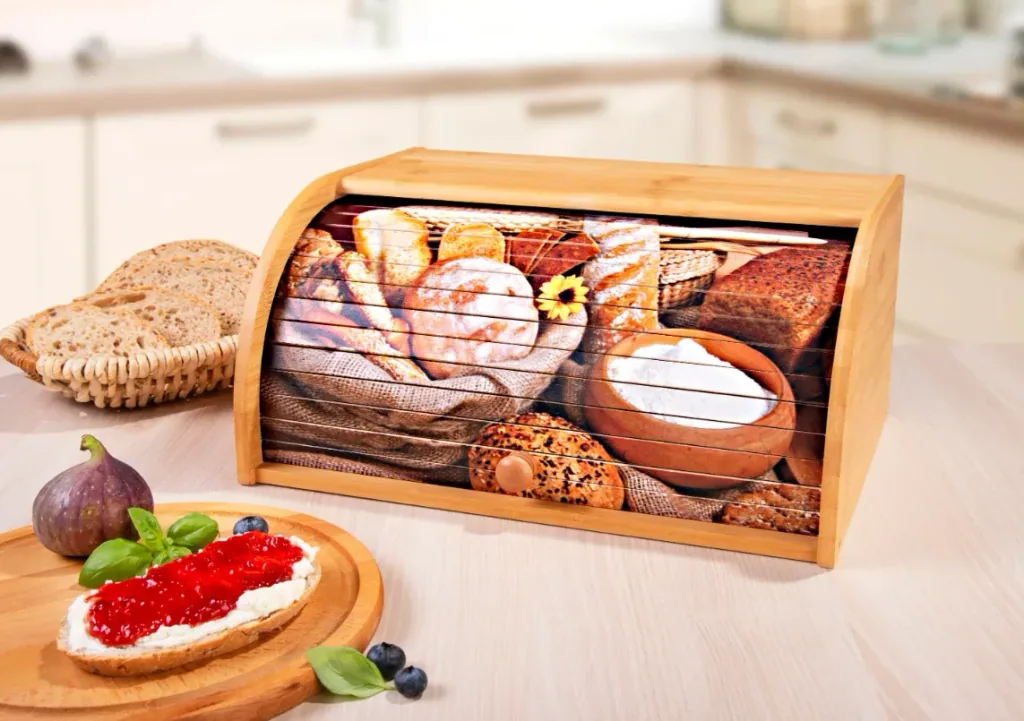 Bamboo bread box with roll-top lid (motif: bread selection)