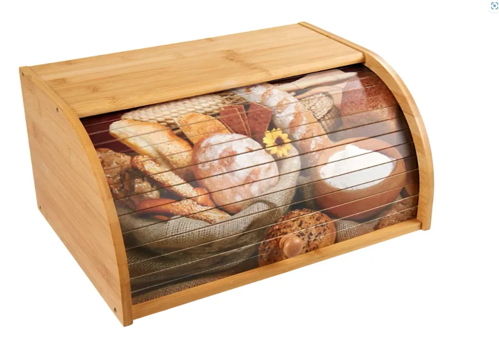 Bamboo bread box with roll-top lid (motif: bread selection)