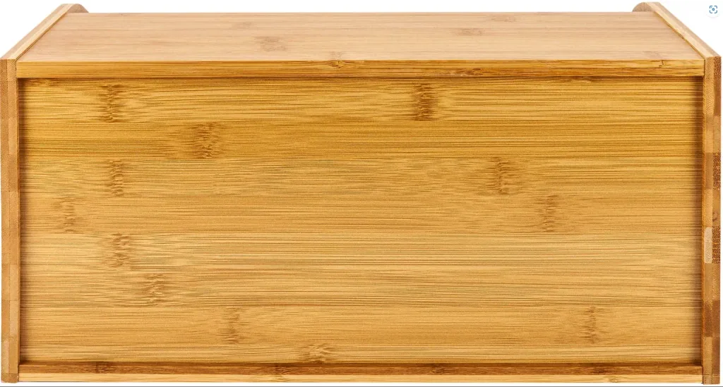 Bamboo bread box with roll-top lid (motif: bread selection)