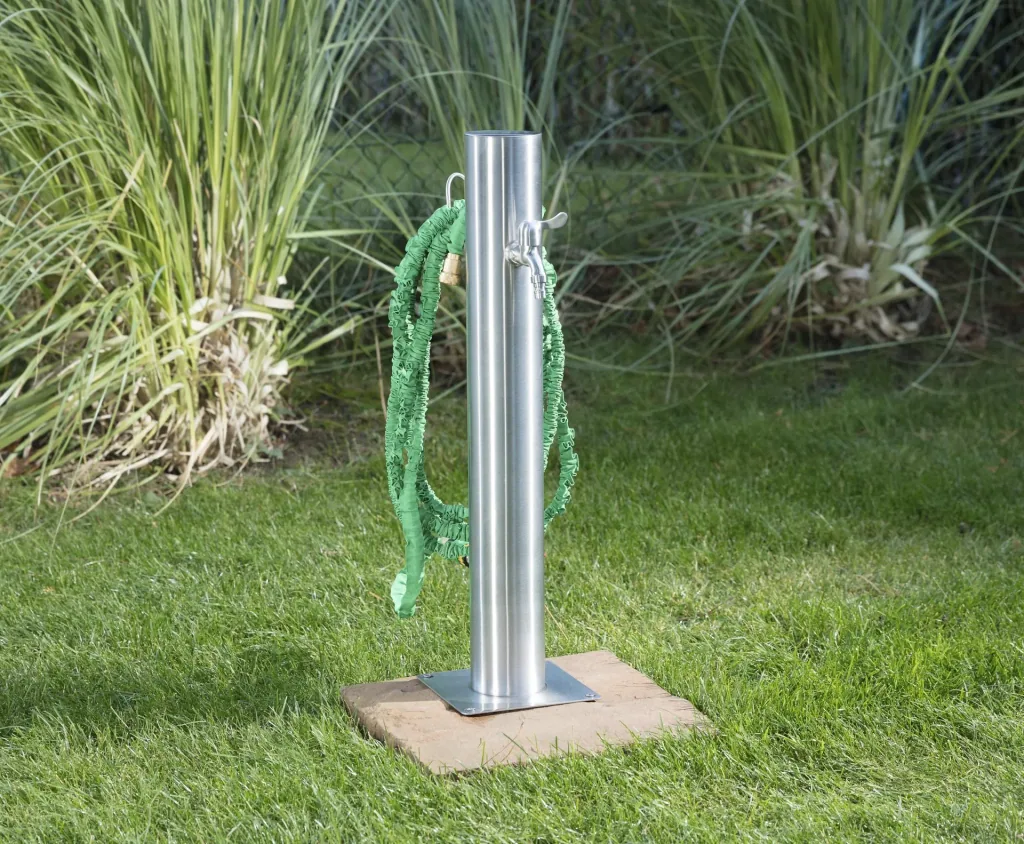 Water dispenser, including hose holder + 2 taps, stainless steel