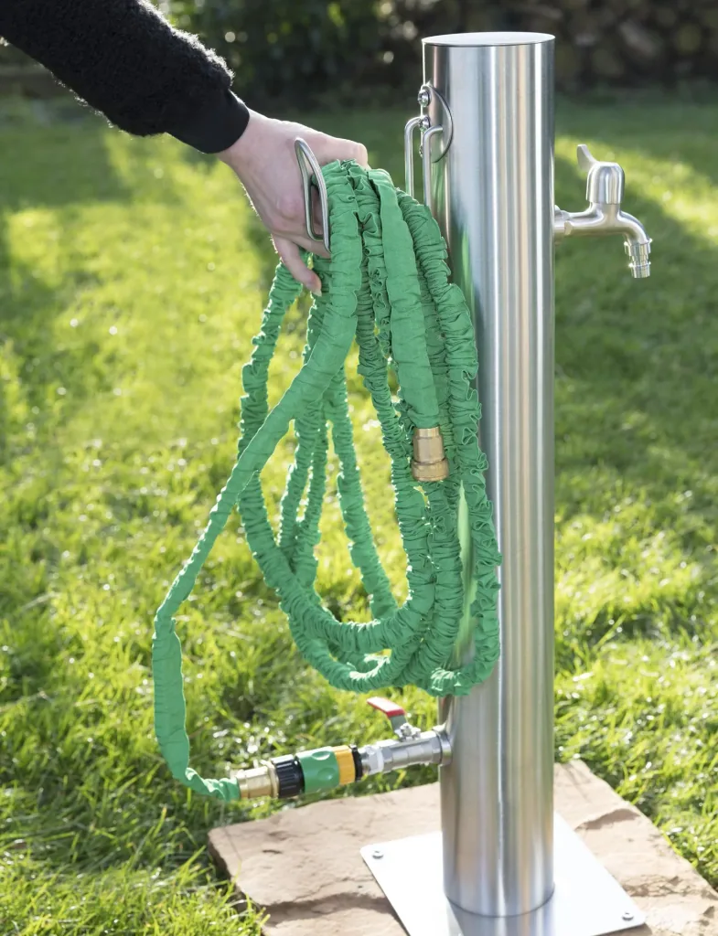 Water dispenser, including hose holder + 2 taps, stainless steel