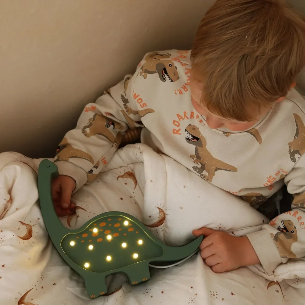 Little Lights Children's Night Light, Mini Dinosaur Night Lamp - 100% Natural Pinewood, Color: Military Green