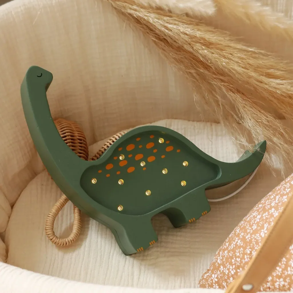 Little Lights Children's Night Light, Mini Dinosaur Night Lamp - 100% Natural Pinewood, Color: Military Green